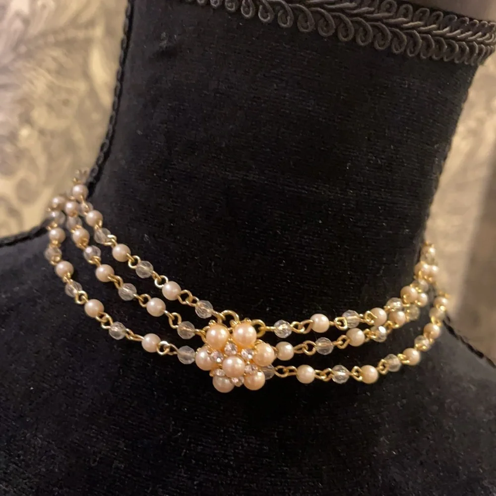 Delicate multi chain gold and pearl choker necklace